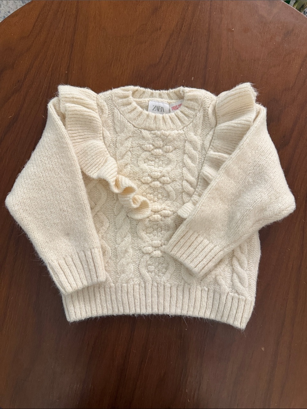Zara Cream Cable Knit Sweater with Ruffle Detail